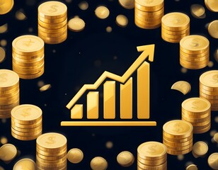 Financial Growth Illustration, Golden Chart On Dark Background. Upward Trend Shown With Line And Bar Graph, Symbolizing Positive Performance. Wealth Represented By Gold Coins, Investment Concept.