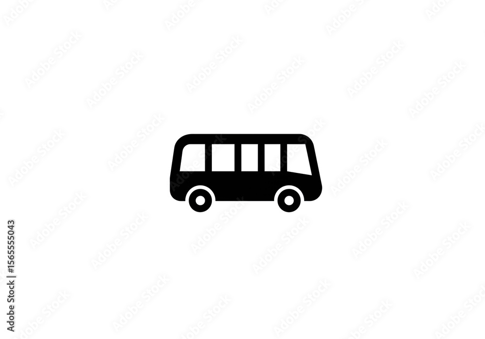 Poster a simple black bus icon with rounded edges and visible wheels on a plain white background space