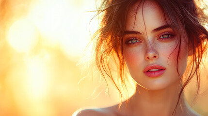 Beautiful woman with soft makeup and glowing skin in warm golden sunlight, symbolizing natural beauty, elegance, and summer radiance.
