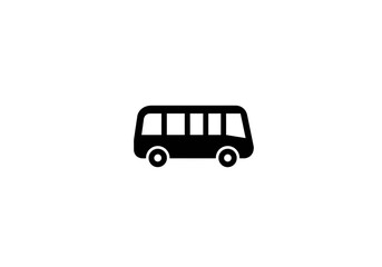 A simple black bus icon with rounded edges and visible wheels on a plain white background space