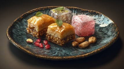Turkish desserts: baklava, kunefe and lokum on a stylish ceramic plate