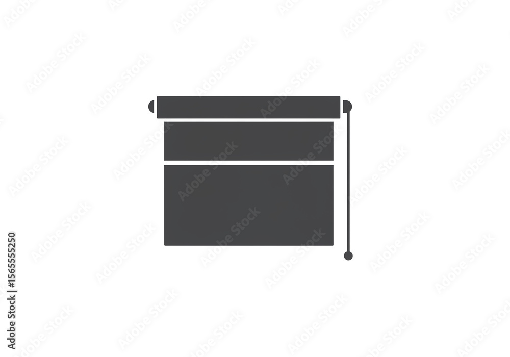 Poster a simple graphic illustration of a dark gray window shade with a pull string on a white background