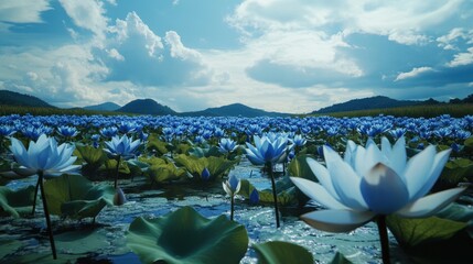 A picturesque landscape showcasing blue lotuses in their natural habitat in a cozy setting