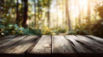 Empty wooden table in a sunlit forest. Ideal for product placement, nature-themed designs, or website banners promoting outdoor activities.