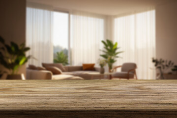 Modern living room with bright sunlight streaming through sheer curtains and wooden table in the...
