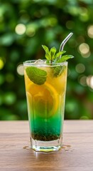 Refreshing Iced Tea with Lemon and Mint - A vibrant layered iced tea drink, featuring a blend of yellow tea, lemon slices, fresh mint leaves, and a cool blue curacao layer.