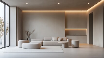 Modern living room interior design with beige tones and minimalist furniture photo