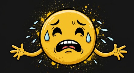 Sad Cartoon Emoji Illustration - A distressed yellow cartoon emoji with tears streaming down its face, arms outstretched in despair. Dark background with yellow paint splatters