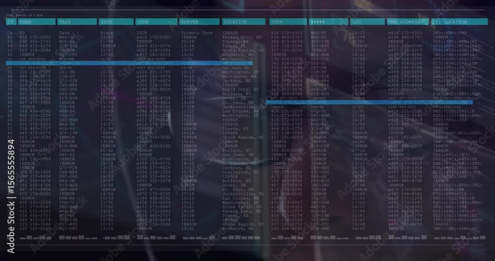 Poster technical analyst following moving highlight on security data table, tracing specific server entry