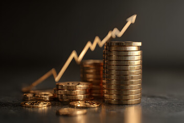 Modern minimalist gold coin stacks with rising graph concept, digital asset marketing, cryptocurrency alternatives, and investment growth visualization