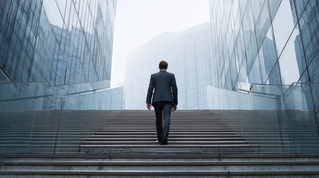 businessman walking up stairs between glass buildings, exuding determination - Powered by Adobe