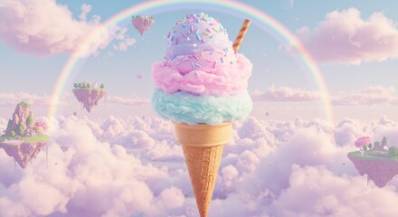 Sweet Dreams Ice Cream Cone - A whimsical of a three-scoop ice cream cone floating in a pastel sky with rainbow and fluffy clouds