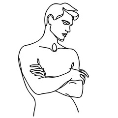 Contempt — handsome man in graceful theatrical pose of disdain: minimalist single black line drawing. One line art.