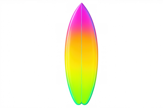 Rainbow-colored surfboard glowing with summer vibrancy, representing surfing passion against transparent backdrop, capturing beach culture essence