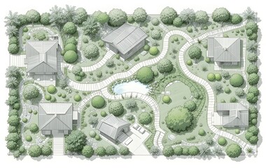 Garden Layout Illustration, Top View, Showing Houses, Pathways, And Plantings. Pond Area Included. Seating Zones For Relaxation. Car Parked In Space, Indicating Accessibility. Organised Greenery And