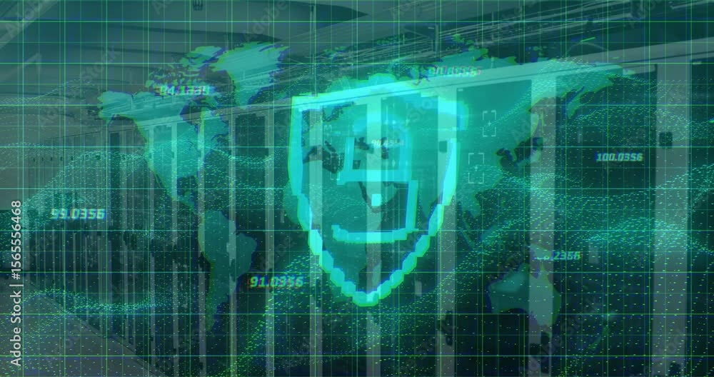 Poster grid overlay appearing over racks, world map fading, metrics changing, shield forming securing data