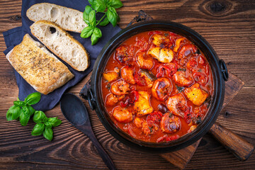 Traditional artisan homemade gambas prawn und fish stew romesco de peix served as top view in cast-iron skillet