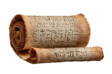 PNG Ancient egyptian papyrus scroll with hieroglyphics unrolled on black background