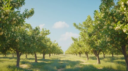 A picturesque orchard filled with almond trees under a clear blue sky