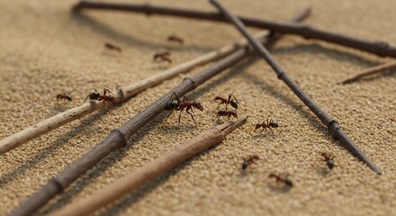 Ants on Sandy Terrain with Twigs: Macro View of Insect Activity