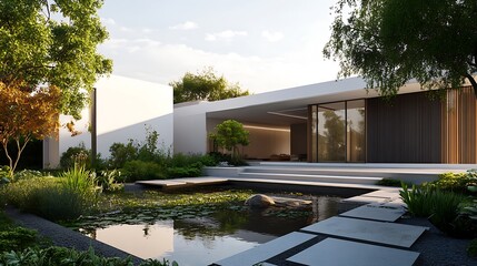 Modern minimalist house with beautiful landscape design featuring a serene pond and lush greenery photo