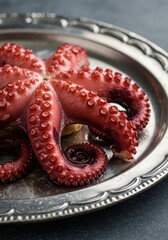 Delicate Octopus on Silver Platter - A beautifully prepared octopus rests on an ornate silver platter, symbolizing culinary artistry, ocean bounty, fine dining, elegance, and Mediterranean cuisine