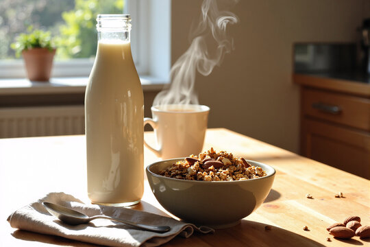 healthy breakfast of hot, steaming granola with nuts and a bottle of fresh milk sits on a wooden table in the warm morning light, creating a cozy and wholesome start to the day
