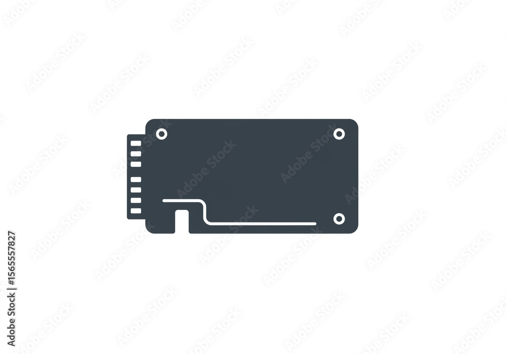 Poster isolated dark gray circuit board with connector and mounting holes on a white background view from a