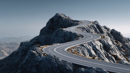 A winding road ascending a mountain, symbolizing the upward trajectory of a career journey, with milestones and challenges along the way , future, road