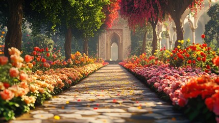 A picturesque pathway lined with flowers leading to Jannat Ul Baqi, symbolizing beauty and remembrance with glowing accents