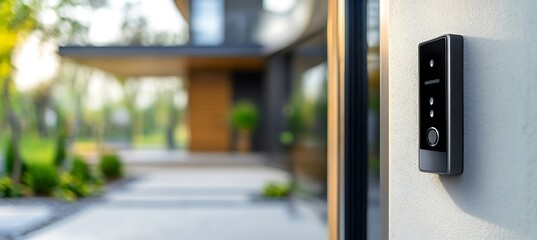A modern video doorbell displayed on the right, blurred house entrance background
