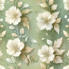 Vintage floral pattern, pastel green background, soft colors, white flowers and beige leaves, watercolor style, seamless wallpaper design Generative AI 