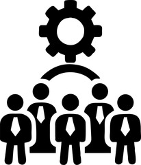 A 3D illustration of a business team with gears, symbolizing teamwork and leadership within a diverse group