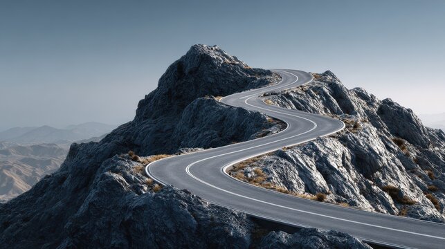 A winding road ascending a mountain, symbolizing the upward trajectory of a career journey, with milestones and challenges along the way , future, road
