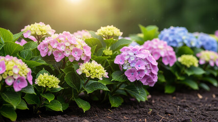 Vibrant Pink and Purple Hydrangeas Blooming in a Garden Row