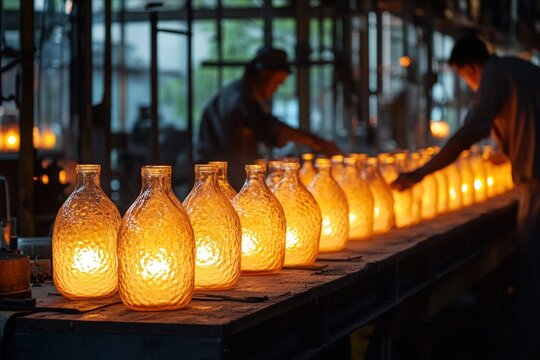 Glass bottles glowing on production line