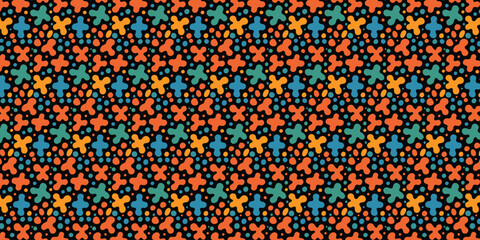 Abstract Retro Pattern with Crosses and Dots in Orange, Blue, and Yellow on a Black Background