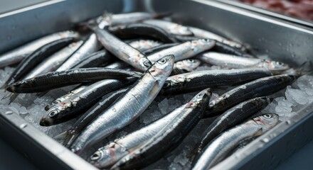 Fototapeta premium Fresh Sardines on Ice - Shiny sardines on ice, symbolizing freshness, purity, bounty, coolness, and the sea. A perfect for seafood restaurants or markets