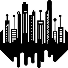 City skyline silhouette vector illustration: iconic urban architecture design with industrial buildings and towers