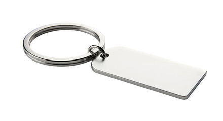 Blank silver rectangular keychain with a metal ring, isolated on white background.