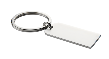 Blank silver rectangular keychain with a metal ring, isolated on white background.