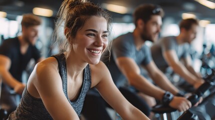 Fototapeta premium People cycling and working out happily on exercise bike in gym