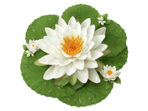 Water lily flower blossom on green lily pads with water droplets, Isolated On Transparent Background, Png