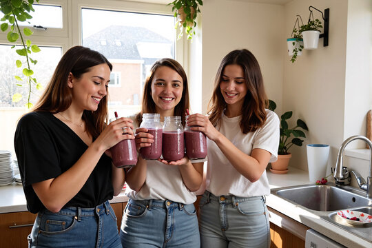 Three happy young women smiling and toasting with healthy berry smoothies in a bright, modern kitchen, celebrating their friendship and a wholesome, vibrant lifestyle together