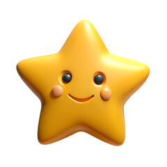 A cute yellow cartoon star with a smiling face is isolated on transparent background