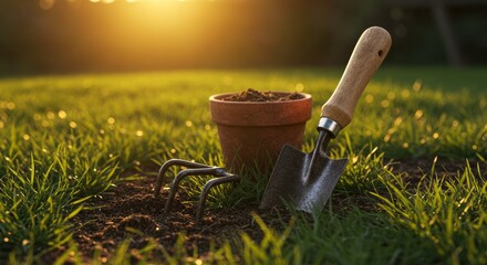 Gardening Tools at Sunset - A terracotta pot filled with soil sits beside a trowel and hand rake in a lush green lawn at sunset. Perfect for spring gardening themes