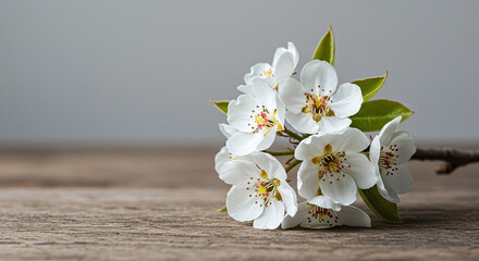 White Blossom Branch on Wood Surface
