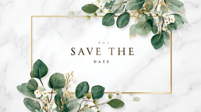 Gold and white marble wedding invite card with greenery floral and golden border texture and save the date text style vector., no logos, no brands - Powered by Adobe