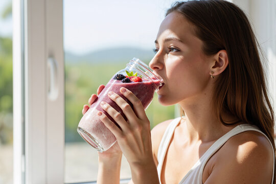 healthy young woman enjoys a delicious purple berry smoothie for breakfast, drinking from a glass while looking out a window, promoting wellness and a nutritious lifestyle - Powered by Adobe