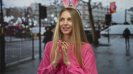 Woman wearing rabbit ears smiling outdoors on a city street dressed in pink amidst urban background...